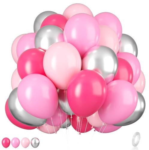 Ballons rose argenté, ballon en latex rose pastel rose vif de 12 pouces, argent chromé métallique, ballons à l'hélium pour filles femmes décorations de fête d'anniversaire de mariée, baby shower
