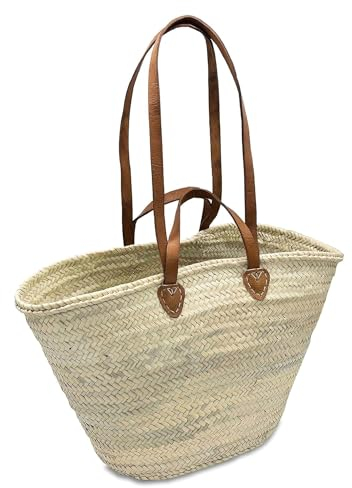 PANIER FRANÇAIS avec doubles anses en cuir, Élégance et Praticité Réunies pour Vos Promenades Chic! sac de paille, sac de plage, panier de courses, Cabas en osier écologique (L)
