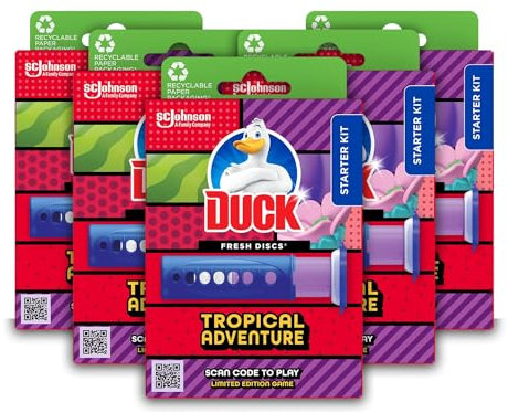 Duck Fresh Discs Toilet Cleaner Starter Kit, Fights Stains That Harbour Germs, Prevents Limescale Build Up, Tropical Adventure, Pack of 5 (Each Kit contains 1 Holder + 1 Refill Tube)