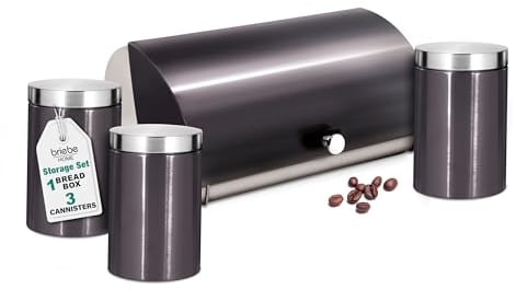 briebe Table Bread Bin Set + Set of 3 Kitchen Storage Cans, Stainless Steel, Container for Storing Bread and Bakery, Sliding Lid, Modern Design, Bread Box, Anthracite / Stainless Steel