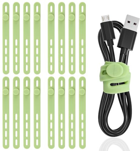 TamBee Silicone Cable Ties Reusable Cable Straps 16pcs Cable Wire Ties Cable Cord Organizers for Earphone Phone Charger Audio Cable Computer (16Pcs, Green)