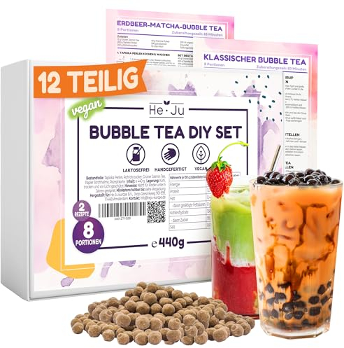 He-Ju DIY Bubble Tea Set mit allem zum selber machen, 12-teiliges Bubble Tea Kit, vegan, für Anfänger mit Anleitung