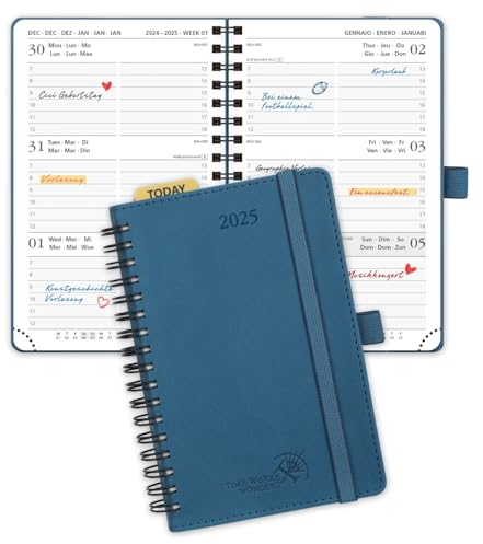 POPRUN Taschenkalender 2025 Klein Ringbuch mit Softcover, ca. A6 (16 x 10,5 cm) - Kalender 2025 Klein (Jan.2025-Dez.2025) - Terminplaner 1 Woche 2 Seite mit Plastiklineal - Marineblau