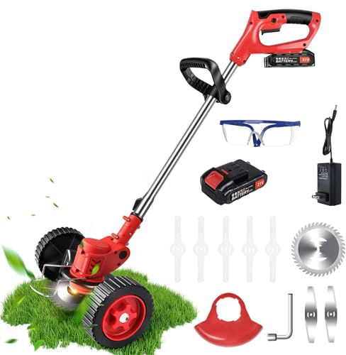 Coupe-Bordure de Jardin sans Fil 21V à Lame Métallique avec Batterie Li-ION 4 Ah et Chargeur de Batterie,Roues Amovibles,Débroussailleuse Électrique pour Jardins et Pelouses(1pcs Battery)