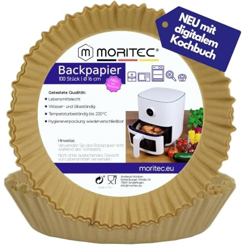 MORITEC® 16-20 cm rund /2-4,2l | Antihaft Backpapier für Heißluftfritteuse | wiederverschließbare Verpackung |100 Stück | perfekte Passform | Zubehör für Airfryer | einfache Reinigung | Rezepte