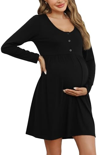 Bresdk Stillnachthemd Damen Langarm Umstandsnachthemd mit Knöpfen | Praktischer Henley-Ausschnitt mit funktioneller Knopfleiste ermöglicht schnelles und diskretes Stillen im Alltag