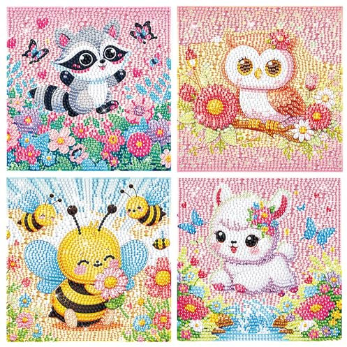 Paquete de 4 kits de pintura de diamantes 5D de dibujos animados para niños, kits de mosaico de diamantes para adultos principiantes, arte de gemas de taladro redondo completo y manualidades para