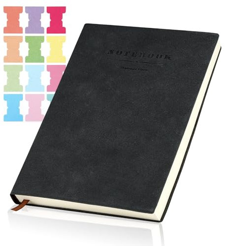 Tikplus Notebook a5, Soft Cover Notebook, Black Note Book 360 Pages, Thick Lined Paper with Soft PU Leather Cover and Index Sticker, Pocket Lined Journal for School Work(Black)