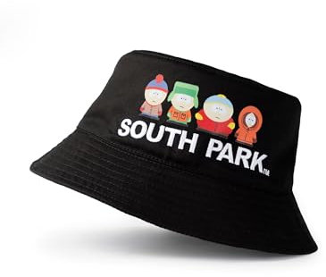 South Park Character Line Up Schwarzer Fischerhut für Herren | Stilvolle Kopfbedeckung Grafik | Stan, Kyle, Cartman & Kenny Design | TV-Show-Modeaccessoire
