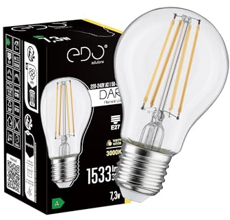 EDO Dekorative Glühbirne LED DARI E27 Filament 7,3W Warmweiß 3000K 1533lm CLEAR A60 Leuchtmittel Energiesparlampe 230V Lampe Dekorative Ideal für Retro- und Industrial-Design