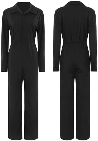 Jhaoyu Women Casual Solid Color Boiler Suit Turn-Down Collar Coverall Overall Boilersuit Workwear Jumpsuit Black L