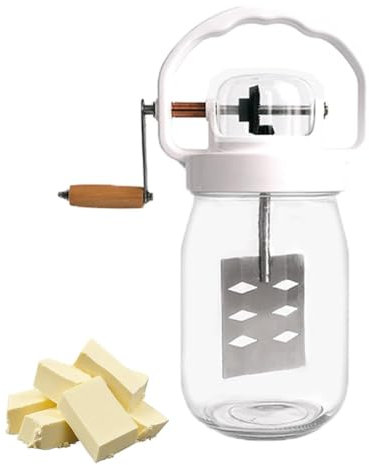 Eeuye Mantequera Manual de Vidrio con de Madera, Capacidad de 1,5 L, Mantequera Manual en Tarro de Albañil, Manivela de Mano con de Madera