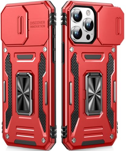 OLHAOMAO Cover per iPhone 15 Pro con Support À 360°,[Anello Magnetico Cavalletto][Copertura Fotocamera Scorrevole] Caso di Protezione delle lenti Militare per iPhone 15 Pro, 6,1,Rosso