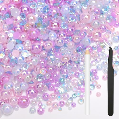 Bouiexye 80g Mix Flatback Pearls Pink Purple Rhinestones for Clothes Half Round Pearls Gems Rhinestones for Crafts Face Nail Art Bottles Tumblers Shoes Gift DIY Bedazzling (Size 2mm-10mm)