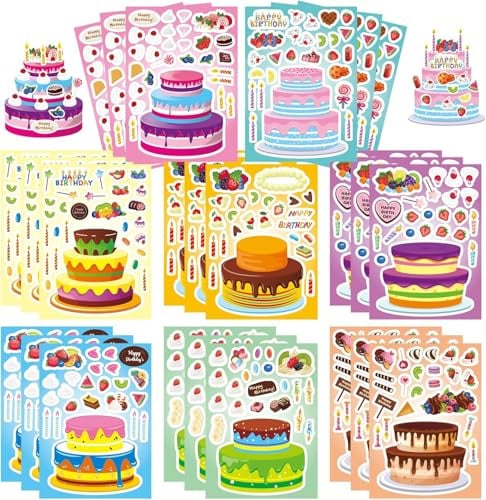 24 Sheets Make Your Own Birthday Cake Stickers for Kids | DIY Cake Decorating Kit with Fruit, Candy & Candles | Classroom Teacher Reward, Party Favors, Gift (8 Designs, Waterproof)