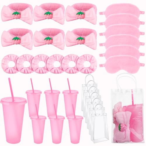 30 Pièces kit Soirée Pyjama Fille Cadeau 6 Chouchous Mignons Pour Femmes 6 Spa Masques de Sommeil En Peluche Rose 6 Gobelets à Paillettes RéUtilisables 6 Bandeaux de Maquillage 6trousses de Maquillage