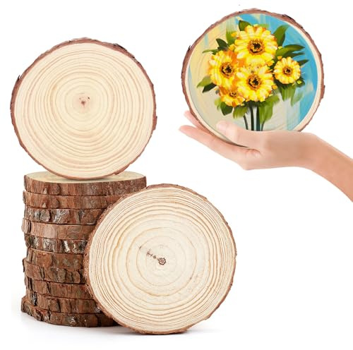 12Pcs Natural Wood Slices, 8-10cm Diameter Unfinished Round Wood Slices kit | 1cm Thick Wooden Discs with Bark, No Hole Log Wooden Circles for DIY Crafts Christmas Decorations Ornaments Wedding Favours