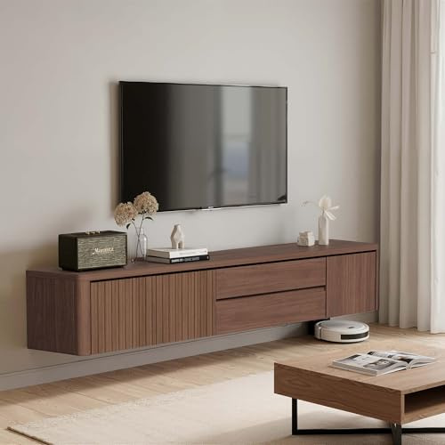 LineCrispton Floating TV Unit with Storage - Fully Assembled Modern 55 Inch TV stands for Living Room, 180cm Wooden Slim Console Table with Drawers in Walnut Finish