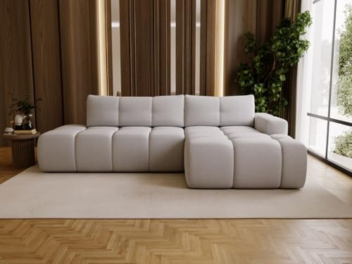GRAINGOLD Montero L Ecksofa modern mit Bettfunktion, 280x177 cm, L-Form Sofa, Schlafcouch für Wohnzimmer, Bouclé-Stoff, 3-Sitzer Eckcouch, Ecksofa mit Bettkasten (Grau, Rechts)