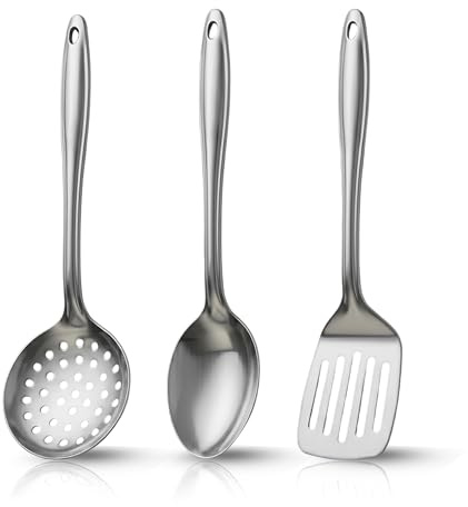 STL Stainless Steel Kitchen Utensil Set 3 Piece, Heavy Duty Cooking Utensils Set with Turner Spoon and Skimmer, Durable Kitchen Tools Set, Metal Cooking Accessories Home Kitchen Essentials