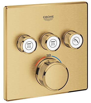 GROHE Grohtherm SmartControl Thermostat for Shower or Bath (Final Installation for Rapido SmartBox, 3 Valves, Push for ON-Off, Turn for Water Adjustment, Square Shape), Brushed Gold, 29126GN0