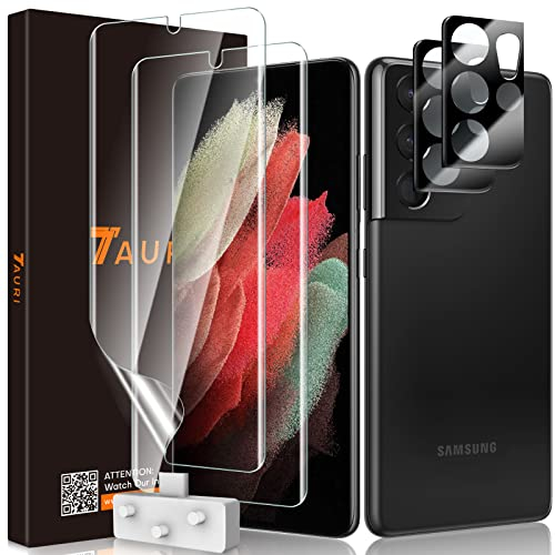 TAURI Displayschutzfolie für Samsung Galaxy S21 Ultra, 2 Stück TPU Folie + 2 Stück Kameraschutz, Kratzfest für Samsung S21 Ultra Foile, Fingerabdruck-ID unterstützen Blasenfreie Klar HD Folie