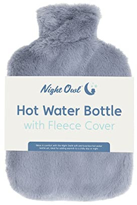 Night Owl 64119 Hot Water Bottle with Grey Faux Fur Cover / 32.5cm / 2 Litre Capacity / Provides Warmth and Pain Relief, Standard