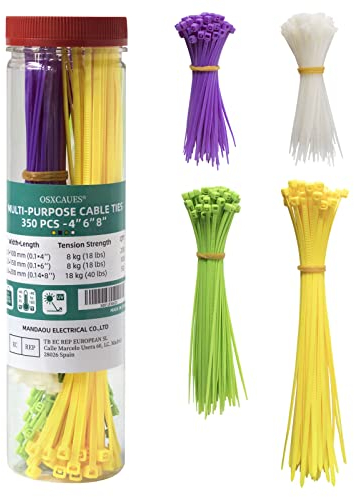 OSXCAUES 350 Pièces Serre Câble en Nylon 100/150/200mm Colliers de Serrage Autobloquants en Plastique de Couleur Résistance à la traction jusqu'à 18 kg/40 lb