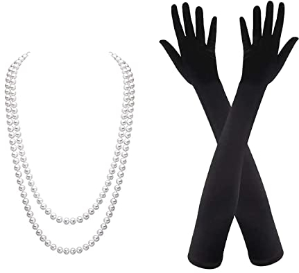 VIKSAUN 1920s Kostüm Charleston mädchen, Perlen Kette, Lang Schwarzer Handschuhe, Vintage Stile, Stil schwarz Fasching Karneval Kostüm, Gatsby Handheld Requisiten Set, Damen Accessoires