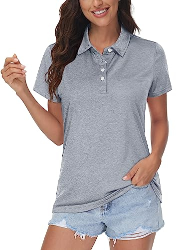 MAGCOMSEN Sport T-Shirts Damen Golf Tennis Poloshirts Atmungsaktiv Laufshirts mit 4 Knopf Damen Outdoor Polohemd Leicht Workout Yoga Oberteile Quick Dry Wandershirts Silberweiß L