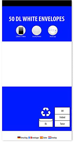 Hochwertige weiße Versandumschläge, 80 g/m², haftklebend, Brieftaschen-Umschläge, haftklebend und klebend, für den Versand von Home-Office und E-Commerce usw. (50, DL)