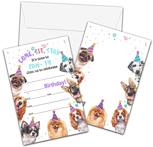 Geburtstagseinladungen für Hundewelpen, mit Umschlägen, Motiv It's Time to Paw-ty, Einladungskarten zum Ausfüllen, niedliche Haustier-Party-Feier, 20 Stück