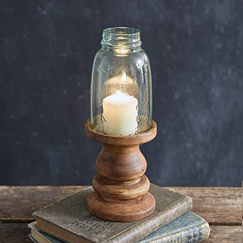 CTW Home Collection Midget Pint Wooden Pedestal Candle Holder with Mason Jar Chimney, 9.5-inch Height, Home Accent, Tabletop Decor