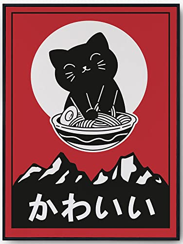 JOPRICO Kawaii Poster - Katze und Ramen Bild - Japan Kunstdruck für Wohnzimmer oder Kinderzimmer - Retro Kunstdruck Größe 21x30cm (A4)