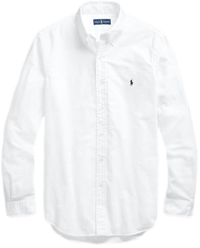 POLO RALPH LAUREN Men's Long Sleeve Classic Oxford Shirt, White With Solid Navy Pony, Medium