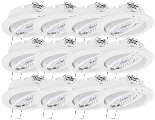 Oktaplex 12x Set Dijon LED Deckenspots 230V 3-Step dimmbar schwenkbar flach | 22mm Einbautiefe, Warmweiß 3000K, Lochmaß 68mm, 4,8W, 380lm, 110°, Einbauleuchten Weiß, rund