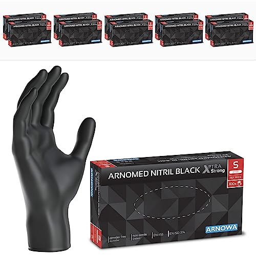 ARNOMED Einweghandschuhe Schwarz Extra Stark, Einmalhandschuhe S, 50% dickere Nitrilhandschuhe, 1000 Stück, Handschuhe Einweg puderfrei, latexfreie Gummihandschuhe, Einweghandschuhe in S, M, L, XL