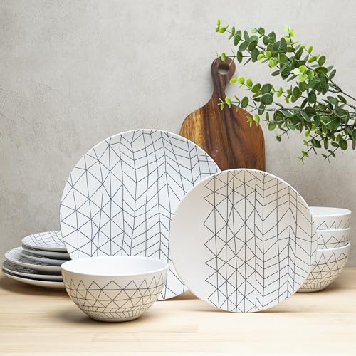 BZYOO 12-teiliges Keramikgeschirr-Set, Porzellanteller und Schüsseln zum Essen, glänzendes weißes Geschirr-Set, mikrowellengeeignet (12-teiliges Geschirr-Set, Service für 4, Spidy Collection)