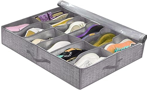TUAKIMCE 1 Pack Under Bed Shoe Storage Organiser, Fits 12 Pairs Total, Folding Under Bed Shoe Box with Transparent Lid and Reinforced Handles - Underbed Storage Solution Style A