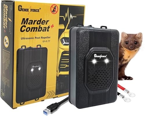 Genieforce GF-JC-77 - Ahuyentador de martas por ultrasonido para coches, casa, ático y jardín, conexión a batería de coche de 12 V, USB o batería