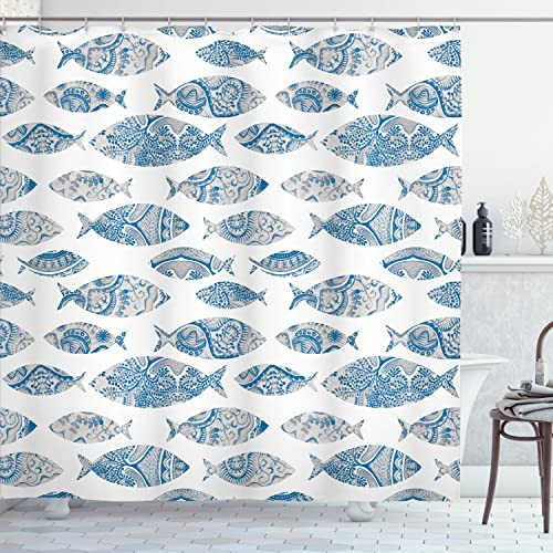 ABAKUHAUS Nautisch Duschvorhang, Fisch Meerestier im osmanisch verzierten Mosaik handgezeichneter Mariner Kunststil, Stoffliches Gewebe Badezimmerdekorationsset mit Haken, 175 x 180 cm, Blau grau