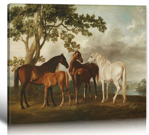 Gerahmte Pferdebilder, Wanddekoration, Vintage-Ölgemälde auf Leinwand, Kunstdrucke – Stuten und Fohlen in einer Flusslandschaft – Retro-Landschaft, Wildtiere, Pferde, Bilder für Büro, Wohnzimmer,