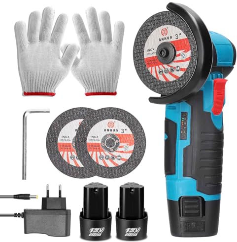 Mini amoladora angular inalámbrica de 19500 rpm, 12 V, amoladora profesional, batería de 2,0 Ah, discos de corte de 76 mm, amoladora angular para lijar y cortar (2 baterías)