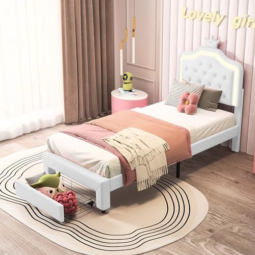 KeepGoon Polsterbett 90x200 mit Schubladen,Kronen-Kinderbett,LED Bett für Mädchen mit Lattenrost und Rückenlehne, Bettgestell mit Stauraum und Kopfteil (weiß)