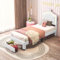 KeepGoon Polsterbett 90x200 mit Schubladen,Kronen-Kinderbett,LED Bett für Mädchen mit Lattenrost und Rückenlehne, Bettgestell mit Stauraum und Kopfteil (weiß)