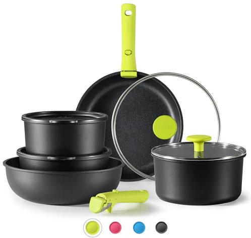 CAROTE 11pcs Non Stick Pots and Pans Set, Oven/Fridge Safe, Space Saving, Detachable Handle, Induction RV Set, Chartreuse