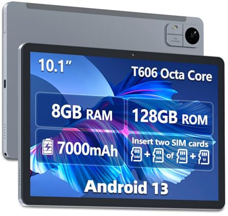 Tablet 10.1 pollici, Dual 4G LTE Metal Tablet 8GB+128GB Android 13, Unisoc T606 Octa-Core 1.8GHz CPU Gaming Tablets, Fotocamera 13MP+5MP, Batteria 7000mAh, Supporta 5G WiFi/BT5.0/GPS/OTG/438.5g