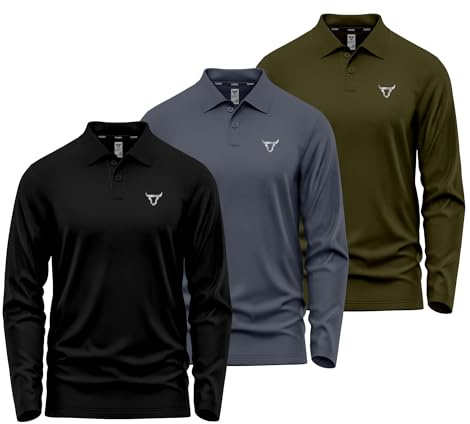 Pack of 3 Mens Polo T Shirt Regular Fit Olympic Casual Uniform Party Wear Multi-Colours Long Full Sleeves Button Up Adults Gift Polo Top
