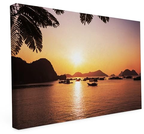 Keilrahmen bedruckt, Wandbild auf Künstler Leinwand, matter Kunstdruck, Stabiler Holzrahmen mit kratzfestem 280g Canvas bespannt, Motive zum Thema Natur (90x60cm - Halong Bay)