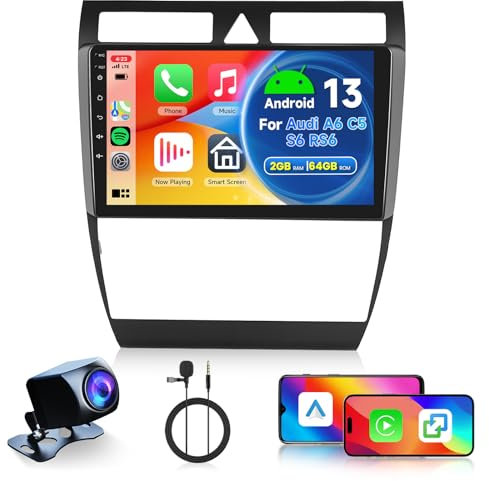 2GB 64GB Android Autoradio für Audi A6 C5 1997-2004 S6 1999-2004 RS6 2002-2006 mit Wireless Carplay Android Auto, Hodozzy 9 Zoll Touchscreen Navi DSP Bluetooth WiFi FM/RDS Radio, Lenkradsteuerung